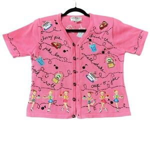 JACK B QUICK Cardigan Sweater Sz M Medium Pink  50s Rock Roller Skate Beaded 90s